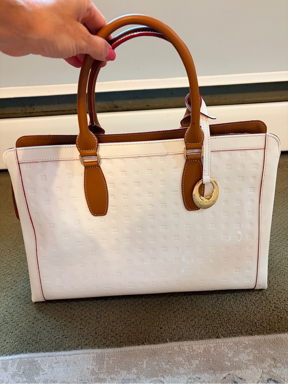 White and Tan Women’s patent leather Tote Bag with Gold Accent
